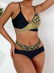 SHEIN Swim Leopard Print Hollow Out Splice Two-Piece Bikini Set Summer Beach - Multicolor - View 4