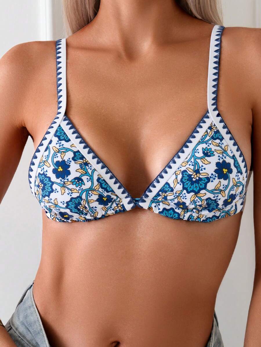 SHEIN Swim 女士夏季沙灘花卉印花彩色對比邊框比基尼上衣 - 彩色 - 查看 1