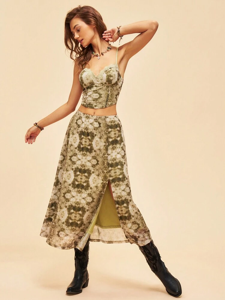 Tie-Dye Crop Top And Split Skirt Set, Perfect For Vacation
