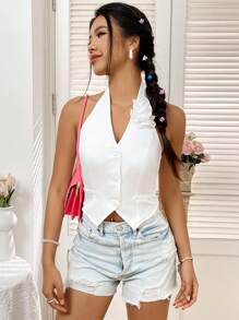 Lunelith SHEIN Lunessa Women's Single-Breasted Floral Decor 3d Flower Decor Suit Tank Top