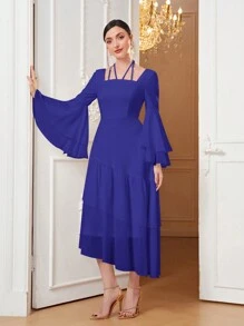 Modelyn Vestido de noche largo de línea A con mangas acampanadas y volantes en color liso para mujer - Azul - Ver 4