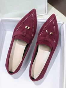 2024新款女士平底泵鞋,舒適柔軟的經典英式工作、休閒款式,尺寸適用大腳碼41-43號,女士尖頭鞋 - 酒紅色 - 查看 2