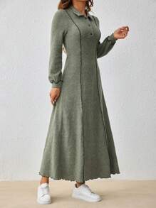 Seusyu 女式翻領露縫阿拉伯風格洋裝 - 綠色 - 查看 4