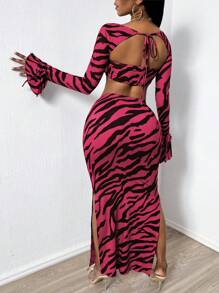 VaVaBold Sexy Zebra Print Crop Top With Lace-Up Detail And High-Slit Skirt Set - Hot Pink - View 2