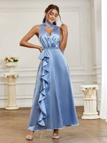 SHEIN Belle Elegant And Romantic V Neck Ruffles And Sashes Bridesmaid Dress - Baby Blue - View 1