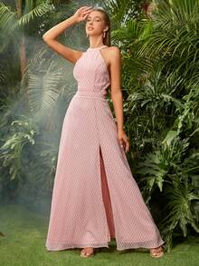 Backless Halter Neck Slit Front Bridesmaid Party Dress - Baby Pink - View 3