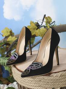 2024 Italian Fashion Show Classic Pointed Toe Stiletto Heels With Rhinestone Details, 12cm - Black - View 2