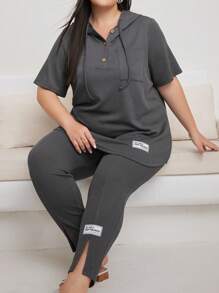 Mulvari Plus Size Hooded Short Sleeve Top With Letter Patch And Split Pants With Drawstring