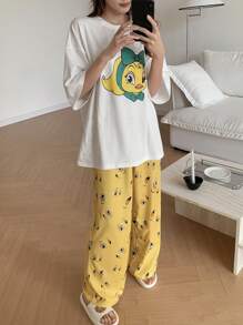 DAZY 可爱卡通印花宽松白色上衣和裤子睡衣套装夏季 - 白色 - 查看 3