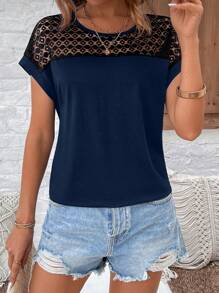 EMERY ROSE Women's Round Neck Lace Patchwork T-Shirt Graphic Tees Women Tops - Navy Blue - View 3