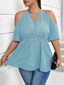 Celure 大碼斑點印花挖肩荷葉邊下擺襯衫 - 淺藍色 - 查看 4