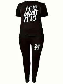 SHEIN Plus Size Casual Two Piece Set With Slogan Print
