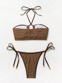 SHEIN Swim 夏季海滩女士镂空纹理比基尼套装两件套比基尼套装泳衣 - 咖啡棕 - 查看 6