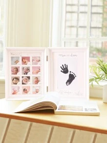 SHEIN 新生兒女寶寶成長記錄手印和腳印相框,書、桌子相框,第一年生日照片道具