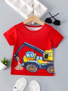 SHEIN Toddler Boys Excavator Print Tee - Red - View 1