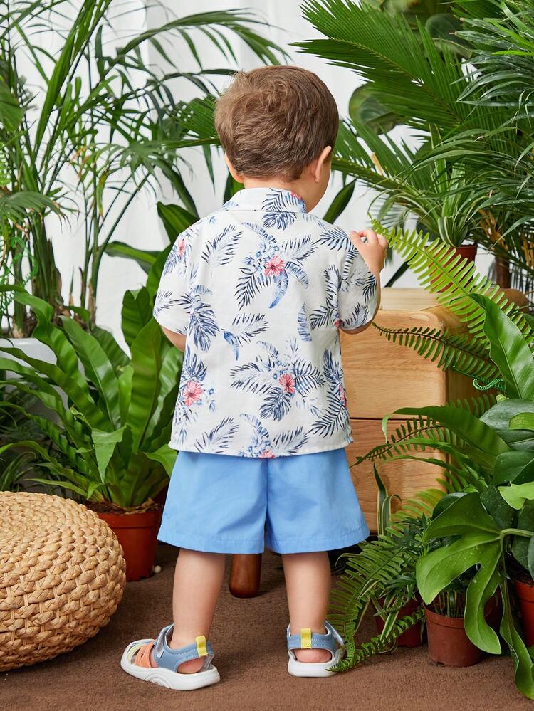 Baby Boy Plant Pattern Turn-Down Collar Short Sleeve Cardigan Top And Solid Color Shorts Set