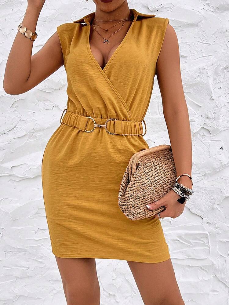 Ladies' Solid Color Turn-Down Collar Sleeveless Dress