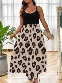 SHEIN LUNE 大码女式休闲拼布印花无袖紧身连衣裙，适合夏季 - 黑色 - 查看 1