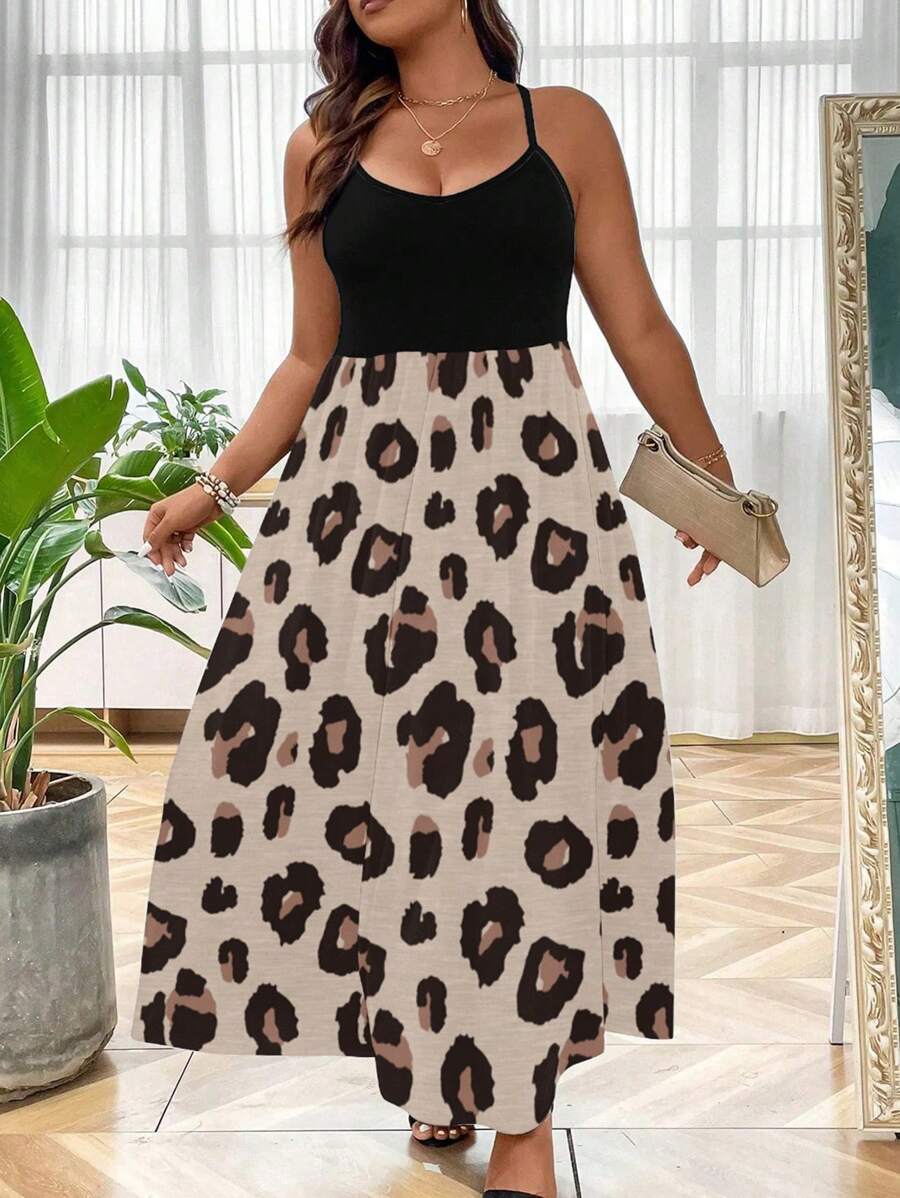 SHEIN LUNE 大码女式休闲拼布印花无袖紧身连衣裙，适合夏季 - 黑色 - 查看 1