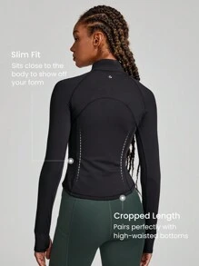 GLOWMODE Fleece Half-Zip Curved Hem Workout Long Sleeve Jacket With Zipper Pocket - Black - View 2