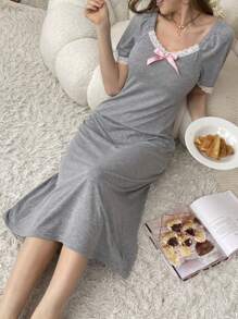 Short-Sleeve Pajama Sleepwear Dress With Splicing Lace Bow Decoration