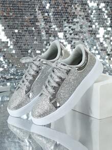 Zapatos Deportivos Plateados De Lentejuelas De Moda Cómodos Y Casuales Para Mujeres, Zapatos Para Correr Y Caminar, Estilo Universitario De Calzado Para Estudiantes Brillantes - Plateado - Ver 2