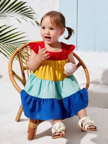 SHEIN Baby Girl Rainbow Color Block Short Sleeve Flying Dress For Summer Holiday - Multicolor - View 4