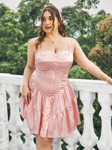 Dreamara Plus Size Cerise Pink Summer Cute Wedding Guest Satin Lace Ruffle Hem A-Line Cami Dress, Corset Style Bodycon Vacation Beach Pleated Dresses - Pink - View 4