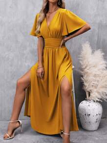 SHEIN Clasi 女士純色v領荷葉邊短袖連衣裙 - 黃色 - 查看 6