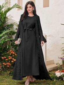 Al Najma Solid Color Modest Long Sleeve Arabian Dress And Jacquard Front Open Abaya, Fashion Robe Abaya For Casual/Festival/Gathering/Travel