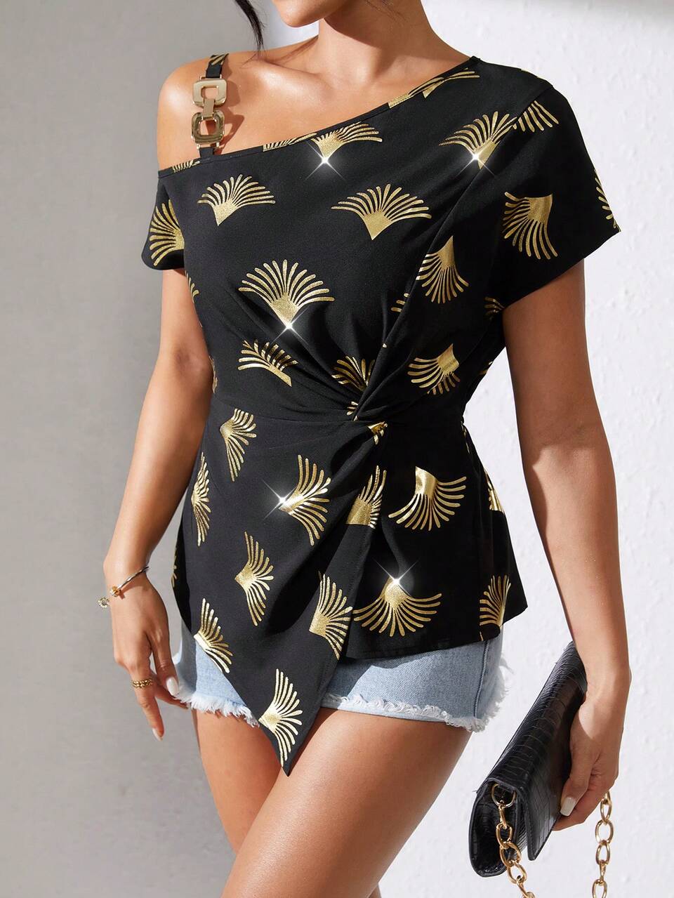 Short Sleeve Shirt With Embossed Gold Print Shoulder Straps, Metal Buckle, Gathered Waistband And Front Knot