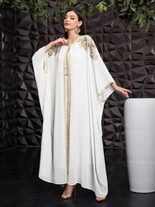 Al Najma Women's Embroidered Applique Batwing Sleeve Dress Kaftan Jalabiya Dress - White - View 1