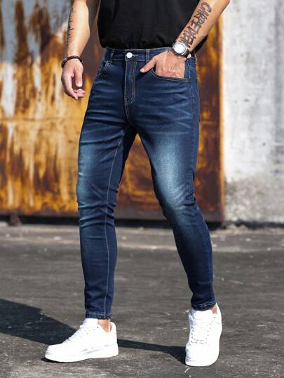 Hommes Jeans slim en coton à poches inclinées, unis bleu foncé, coupe ajustée, lavage foncé. Jeans cargo lavés, pour mari, cadeau pour petit ami
