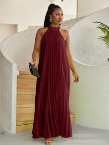 Astrid Plus Size Solid Color Long Pleated Halter Dress - Burgundy - View 3