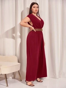 SHEIN Privé 大尺碼女款深 V 領蝙蝠袖闊腿連身褲