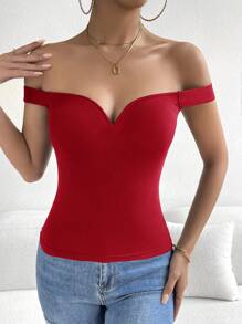 Firerie 女士甜心領緊身性感上衣 - 紅色 - 查看 3