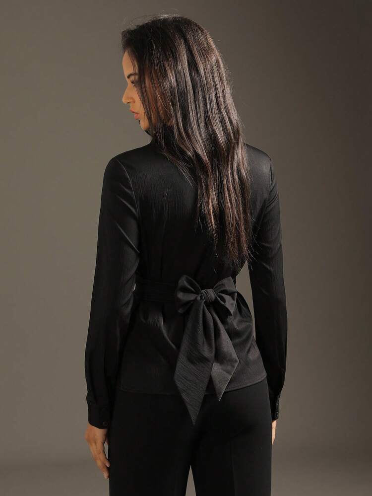 Buttoned Half Placket Solid Color Shirt With Back Ties