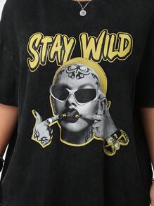 SHEIN EZwear CURVE Women's Plus Size Black T-Shirt With Portrait And Slogan Design - Black - View 7