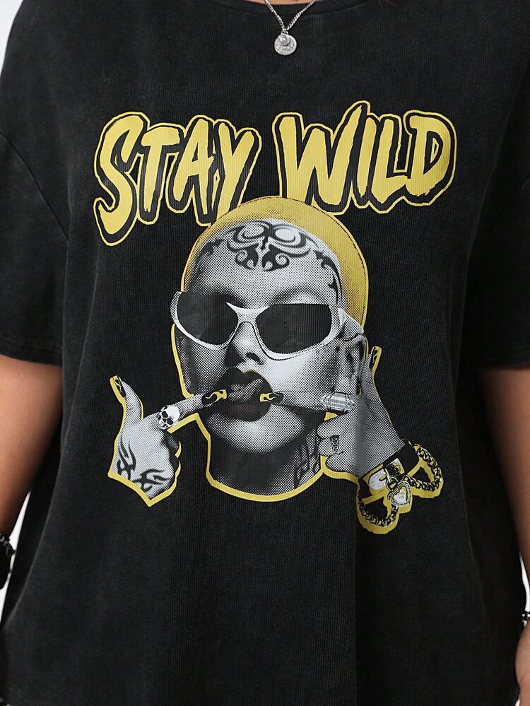 Women's Plus Size Black T-Shirt With Portrait And Slogan Design