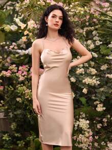 GENKIRA Thanh lịch NỮ Không lưng Dây đeo Mì Ý  Váy bodycon - Rượu sâm banh - Xem 4