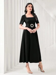 Modelyn Jewel Embellished Square Neck A-Line Dress - Black - View 4