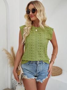 SHEIN LUNE Women's Solid Color Hollow Out Embroidery T-Shirt