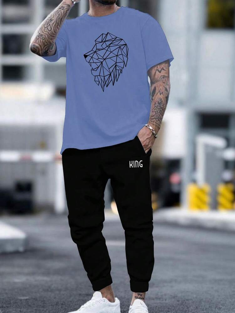 Men's Geometric Lion Printed Short Sleeve T-Shirt And Letter Printed Jogger Pants Set