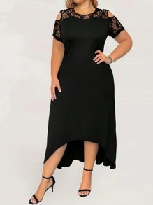Vestido de cóctel elegante de noche con parches de encaje en cuello de pico y manga corta, outfit de mujer de talla grande vendido a precio especial - Negro - Ver 5