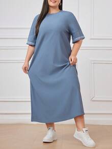 Mulvari Plus Size Women Embroidered Raglan Sleeve Dress - Baby Blue - View 4