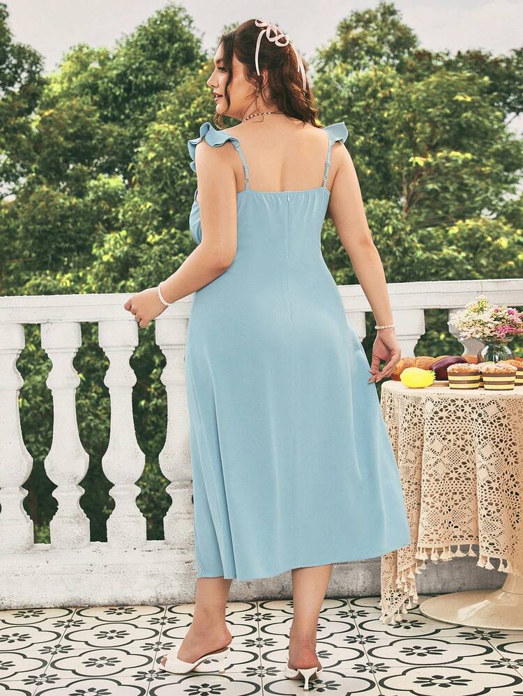 Plus Size Sky Blue Elegant Wedding Guest Holiday Summer Dress,Sweetheart Neckline Lace Splicing Slit Cap Sleeve Beach Vacation Long Dress
