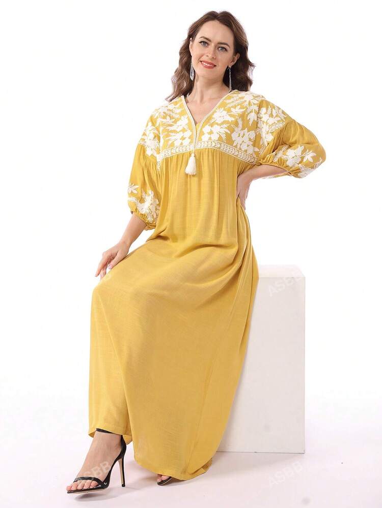 فستان نسائي إماراتي أنيق مطرز بالورود، جلابية تقلي...