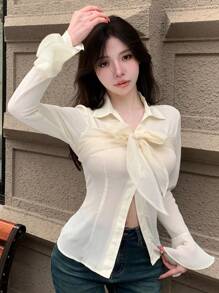 DAZY Bowknot Decorated Flare Sleeve Shirt,Ruffle - White - View 9