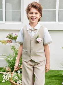 SHEIN Conjunto elegante de chaleco tejido para niño preadolescente con bloqueo de color, corbata de moño, camisa y pantalones de vestir - Caqui - Ver 6
