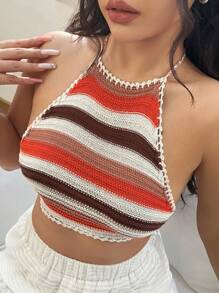 SHEIN Unity 女裝條紋短款露背針織上衣 - 棕色 - 查看 3